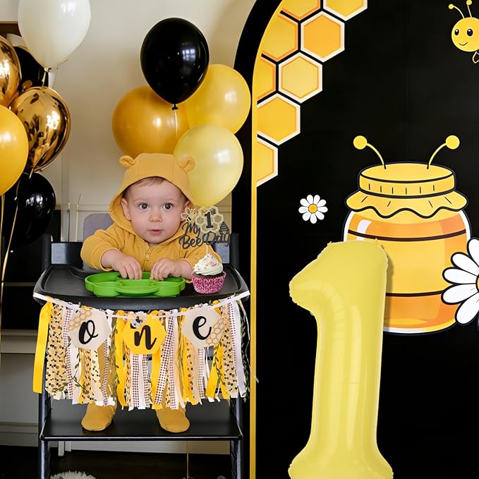 Bee Theme Highchair Banner for Baby First Birthday Party Decorations Happy 1st Bee Day High Chair Tassel Garland for Boys Girls Bumble Bee One Birthday Photo Props Backdrop Decor with Cake Topper