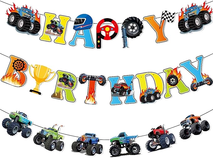 Zwiebeco Trucks Off-road Vehicles Happy Birthday Party Decoration Banner Hanging Paper Sign for Kids Adults Racing Themed Accessories Supplies