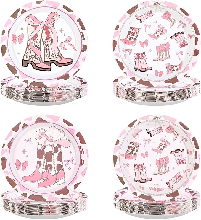 60Pcs Coquette Cowgirl Birthday Party Decorations 9" Western Bow Cowgirl Plates Disposable Pink Bows Rodeo Bachelorette Tableware for Western Cowgirls Themed Birthday Baby Shower Party Supplies
