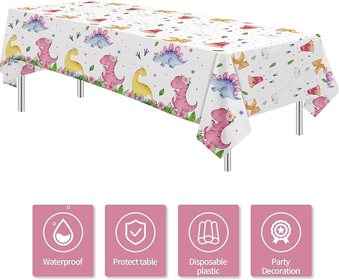 Dinosaur Birthday Party Supplies Tablecloth for Girl - Pink Dinosaur Baby Shower Decorations Table Cover, 3 Pack (54in x 108in)