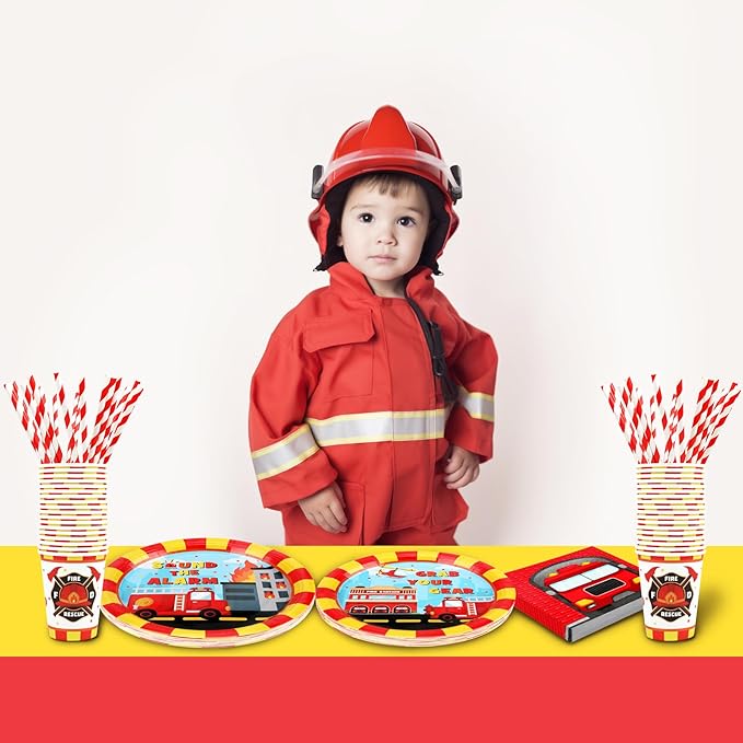 Firetruck Birthday Party Supplies Decorations, Fire Truck Theme Paper Plates and Napkins Set for 24 Guests, 120 Pcs Disposable Firefighter Party Dessert Dinnerwares