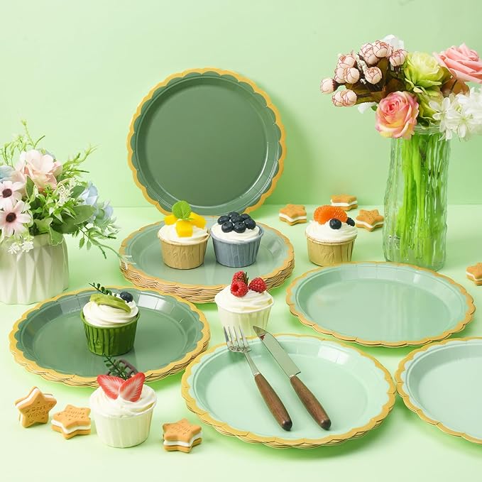 48 Pcs Sage Green Scalloped Party Paper Plates Disposable, 9" Cute Sage Green Dinner Baby Bridal Shower Dessert Birthday Paper Plate for Baby Shower Wedding Party Supplies