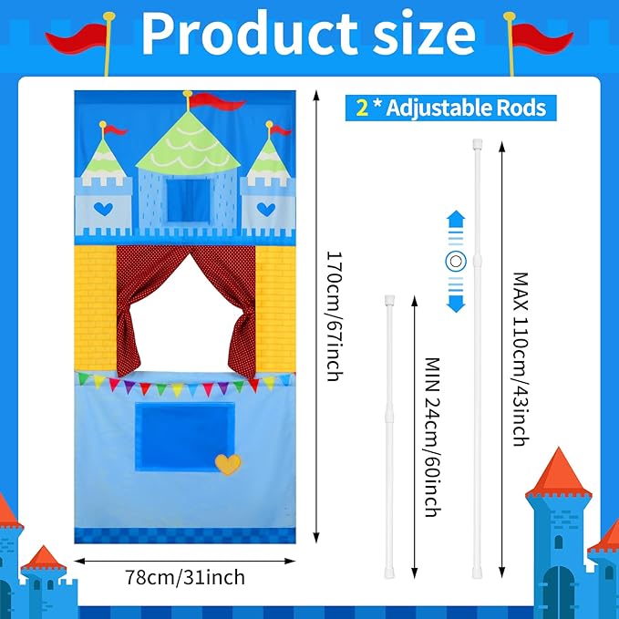 VitalCozy Doorway Puppet Theater with 2 Adjustable Rods Fits in Most Doorways 67 x 31 Inch Foldable Hanging Puppet Show Theater for Christmas Holiday Home (Castle Style)