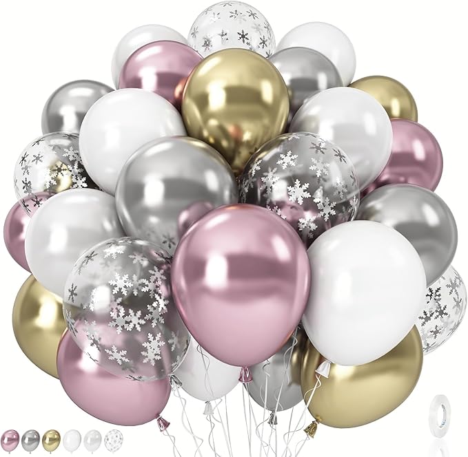 Pink White Winter Wonderland Snowflake Balloons Set, Metallic Light Pink Gold Silver White Snowflake Confetti Balloons for Girl Christmas Birthday Winter Onederland Baby Shower Xmas Party Decorations