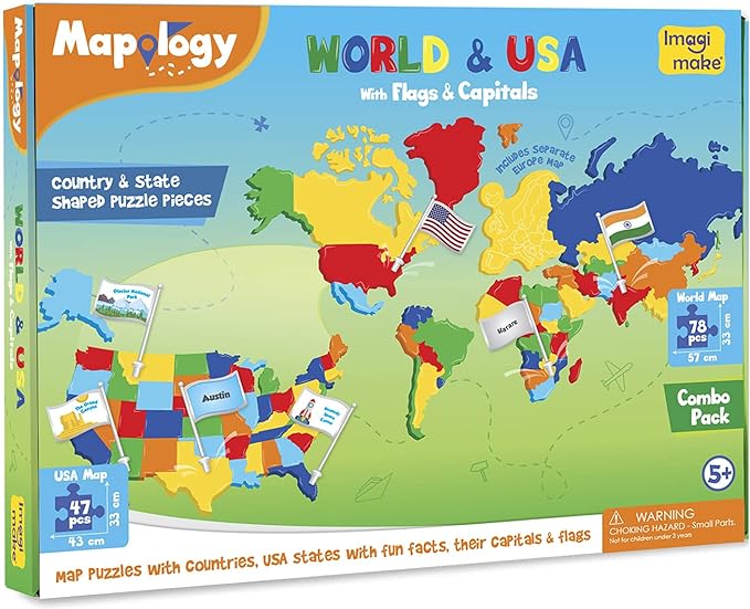 Imagimake Mapology USA & World Map Puzzle with Flags, Capitals, Stickers | Educational Toys for Ages 5-7 | Jigsaw Puzzles for Kids Ages 8-10 | Geography Toys | Easter Gifts for 6 Year Old Girl & Boy