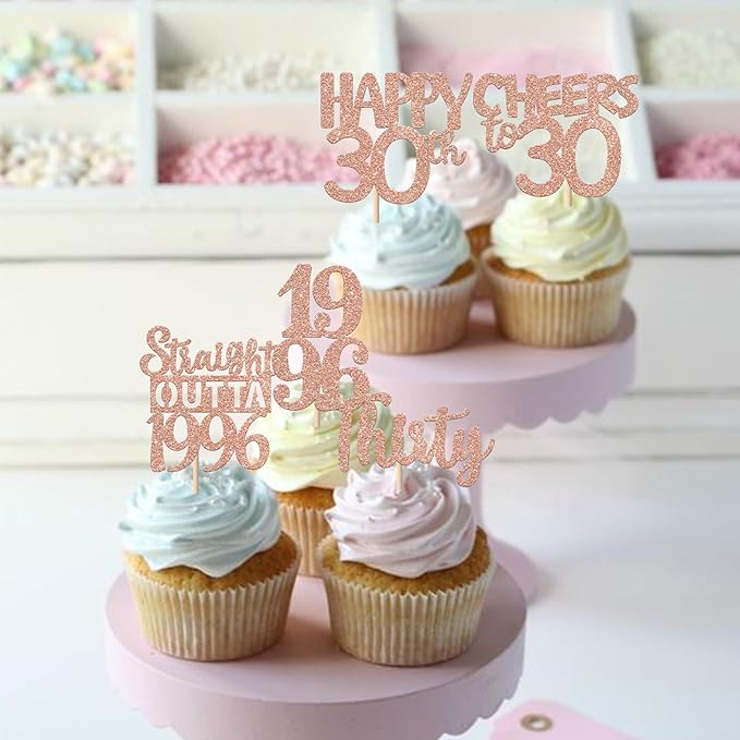 30PCS 30th Birthday Cupcake Toppers Glitter Thirty Happy 30 Straight Outta 1996 Cupcake Picks for Cheers to 30 Years 30th Birthday Wedding Anniversary Party Decoration Supplies Rose Gold