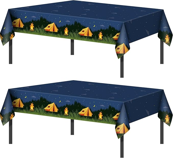 Breling 2 Pieces Camping Party Decorations Camping Tablecloth Plastic Rectangular Campfire Table Cover for Picnic Hiking Adventure Birthday Party Supplies