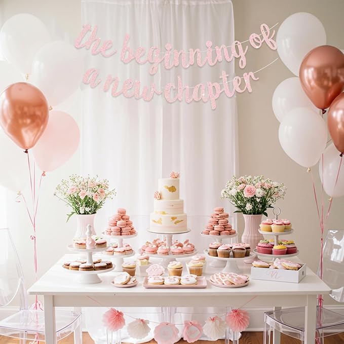 BEISHIDA Glitter Light Pink The Beginning of A New Chapter Banner,Pre-Strung Farewell Book Themed Housewarming Party Congratulations Decorations,Going away party Garland,Graduation Sign 2026 Banner,retirement Supplies