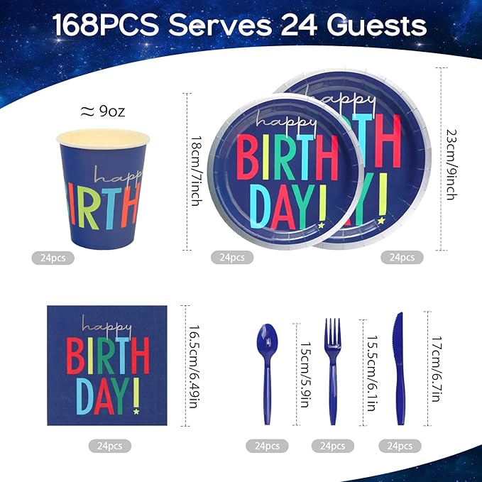 168Pcs Birthday Party Plates - Blue Kids Birthday Paper Plates Disposable and Napkins, Cups, Knives, Forks, Spoons Set for 24 Guests Baby Shower Girls Boys Party Table Supplies Decorations