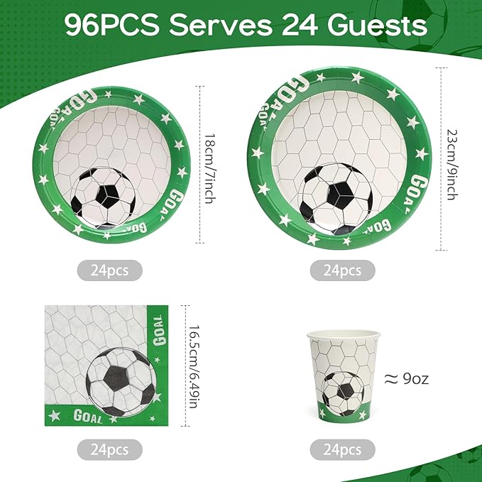 96pcs Soccer Plates - Green and White Soccer Party Theme Paper Plates and Napkins Cups for 24 Guests Disposable Kid's Birthday Soccer Party Supplies Decorations