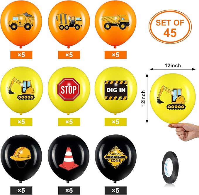 Zomiboo 45 Pieces Construction Balloons, 12 Inch Truck Birthday Party Decorations for Children Shower Dump Truck Birthday Party Construction Zone Theme Traffic Zone Theme Activity Supplies