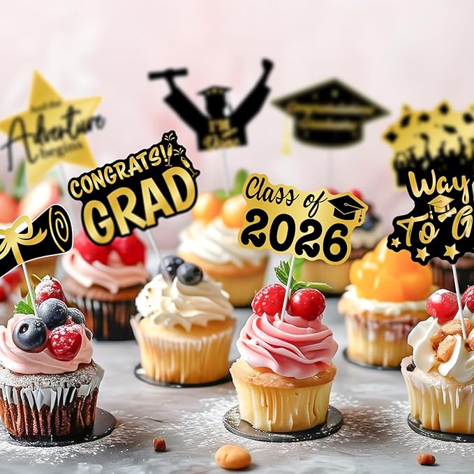 2026 Graduation Cupcake Toppers - 48 Pcs Black Gold Graduation Party Supplies Mini Cake Food/Appetizer Picks For Class of 2026 Graduation Decorations