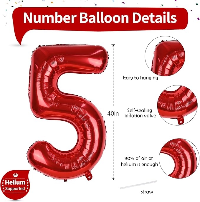 40 Inch Red Number Balloons, Giant Foil Number 5 Balloons for Girls Boys 5th Birthday, 0-9 Set Balloon for Women Men 25th Birtyday Party Decoration Christmas Anniversary Graduation Decoration Supplies