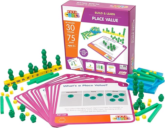 Junior Learning: Mathcubes - Place Values - 30 Activity Set, Build & Learn, Blocks & Boards Hands On Math, Developmental & Education Set, Kids Ages 4+