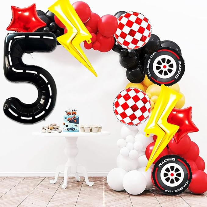 Race Car Birthday Party Decorations Large Lightning Bolt Foil Balloons Race Car Balloons 40 Inch Racetrack Number 5 Balloon for Boys 5th Race Car Birthday Party Decor Supplies