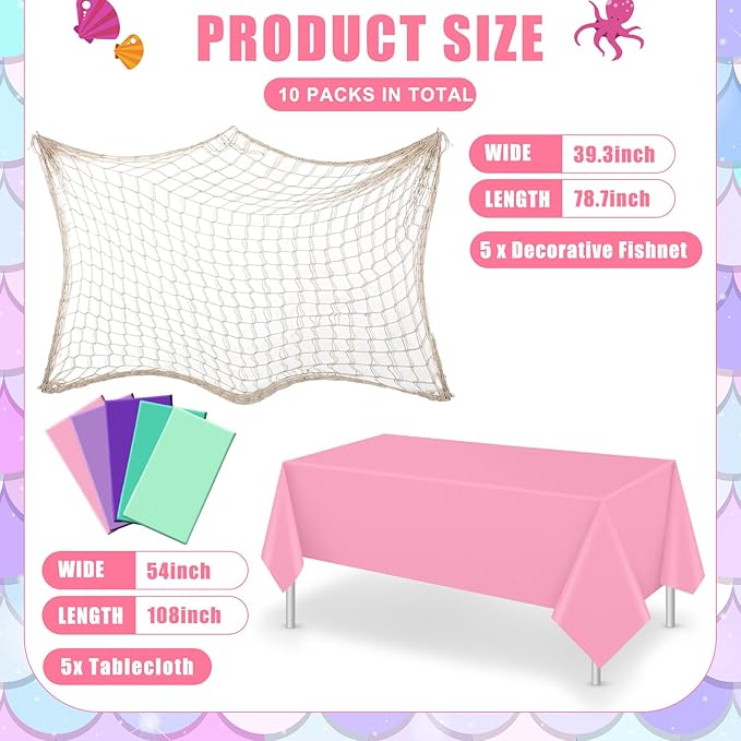 Unittype 10 Pcs Fish Net Decorative and Tablecloth Set, Cotton Fishnet and Plastic Table Cover Decorations Set for Nautical Themed Party Baby Shower Pirate Decorations Mermaid Party (Mermaid Colors)