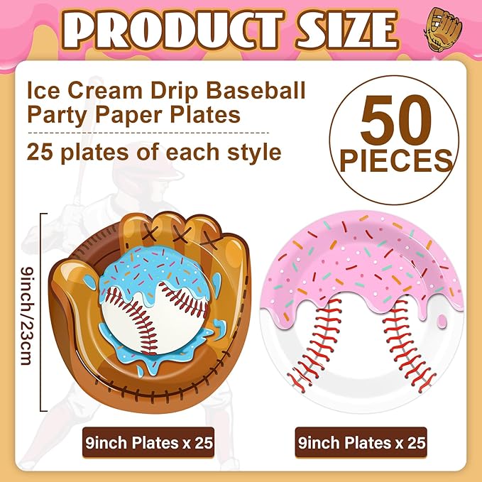 50Pcs Ice Cream Drip Baseball Paper Plates Sports Themed Birthday Party Decorations 9 Inch Baseball Ice Cream Theme Dinner Plates Disposable Tableware for Birthday Team Celebration Game Day Supplies