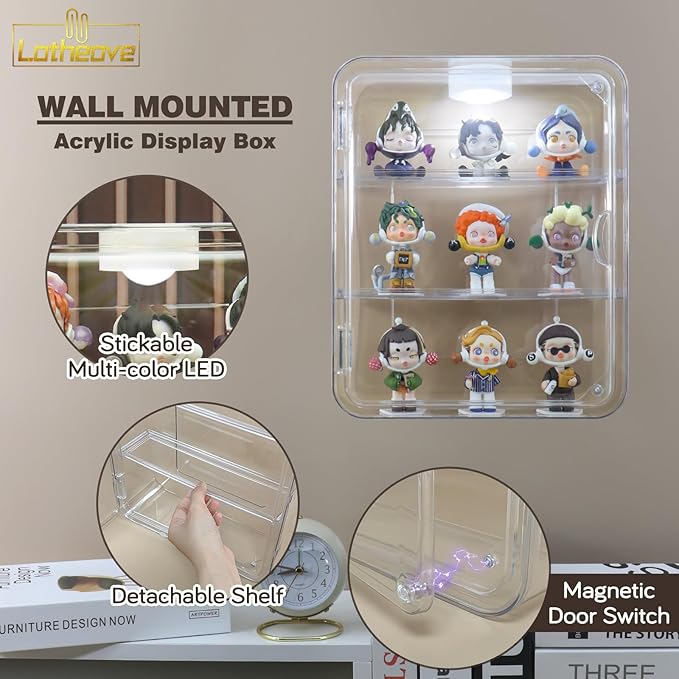 Clear Acrylic Display Case, Figures Display Box Wall Mounted with Lights for Pop Mart Funko Collectibles LEGO Minifigures Mini Action Figurines Mini Toys Pop,3 Tiers Detachable Desktop Dustproof