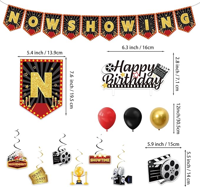 Movie Night Supplies, 160PCS Movie Themed Party Decorations with Now Showing Banner, Hanging Swirls, Balloons, Plates, Napkins, Cups, Forks, Straws, Tablecloths, Cake & Cupcake Toppers