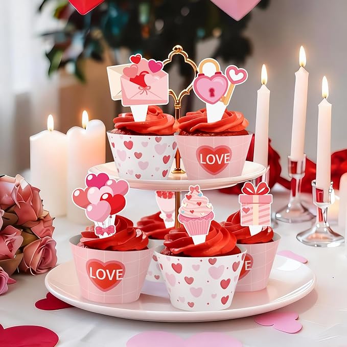 48 Pcs Valentines Cupcake Toppers and Heart Wrappers Love Cupcake Decorations for Valentine's Day Theme Wedding Birthday Party Supplies