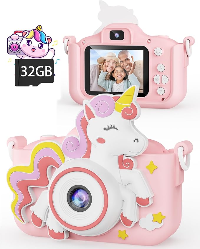 Kikapabi Unicorn Kids Camera Toys for Girls Boys Age 3-8, Christmas Birthday Gifts for Girls Age 3 4 5 6 7 8, Digital Camera with Silicon Cute Cover for Kids, Toddler Camera for Kids with 32G SD Card
