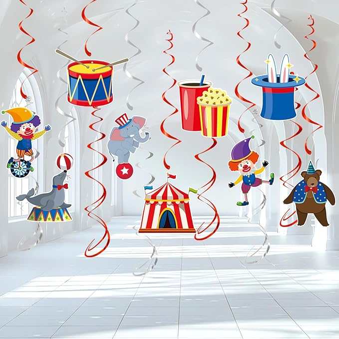 24 Pcs Carnival Hanging Swirl Party Decorations, Circus Clown Animals Theme Party Ceiling Decor Double Sided Circus Decorations for Home Classroom Birthday Party Favors