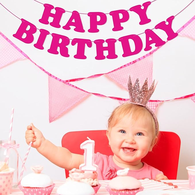 Pink Happy Birthday Banner Sign Birthday Backdrop Party Supplies for Kids Boys Girls Birthday Party Decorations