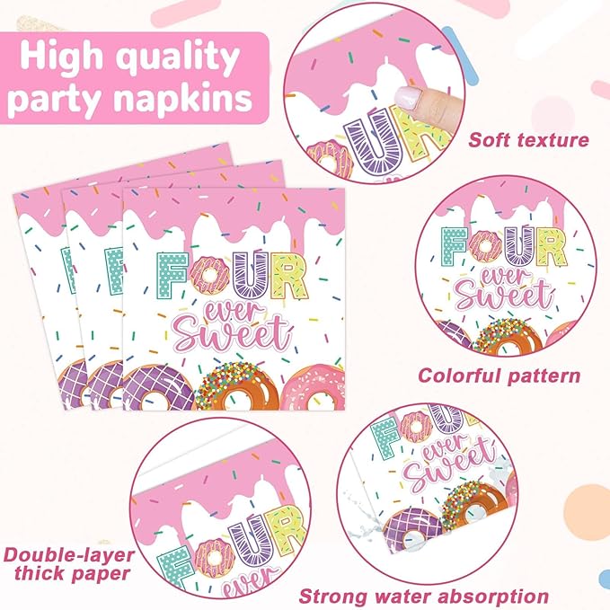 98 Pieces Four Sweet Donut Birthday Party Supplies for 24 Guests Girls Donut Tableware Set Baby Girl 4th Birthday Donut Plates and Napkins Tablecloth Party Decorations Dinnerware Party Favors