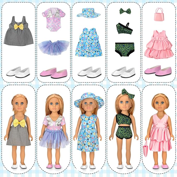 18 inch Doll Clothes and Accessories for American 18 Inch Dolls Girl Clothing Gift, 18Pcs Complete Set Clothing with Outfits, Dress, Shoes, Swimsuit, Underwear, Hat, Handbag, Clothes Hangers
