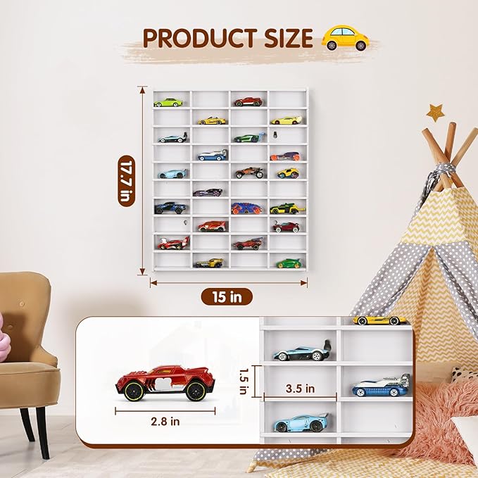 2 Pack Toy Car Display Shelf, Holds 80 Diecast 1/64 Toy Cars, Wall Mount Model Car Storage Organize Case, White