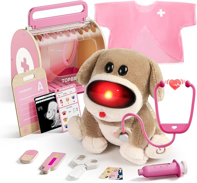 TOP BRIGHT Doctor Kit for Toddlers 3-5, Pretend Play Doctor Set with Pink Veterinarian Costume, DR Kit Dress Up Toys for Kids, Role Play Dog Vet Playset, Christmas Birthday Gifts for Girls Boys 3 4 5