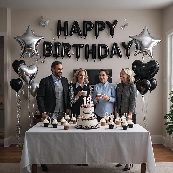 27 Pcs Black Silver Birthday Decorations, 3D Letters Black Happy Birthday Balloon Banner, Pentagram Heart Foil Balloons Confetti Balloons Kit For Boys Girls Party Supplies