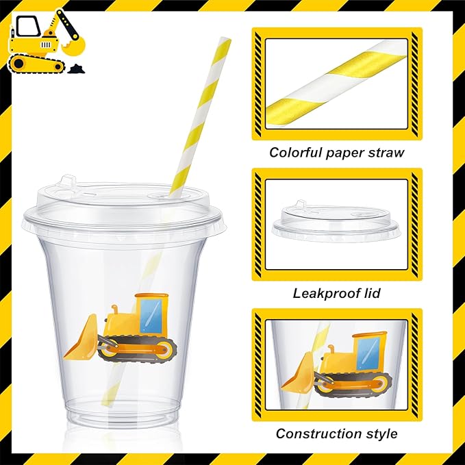 Boao 36 Sets Watercolor Construction Party Cups with Lids and Paper Straws 14 oz Disposable Clear Plastic Cups Bulk for Construction Birthday Party Favor Supplies Decorations