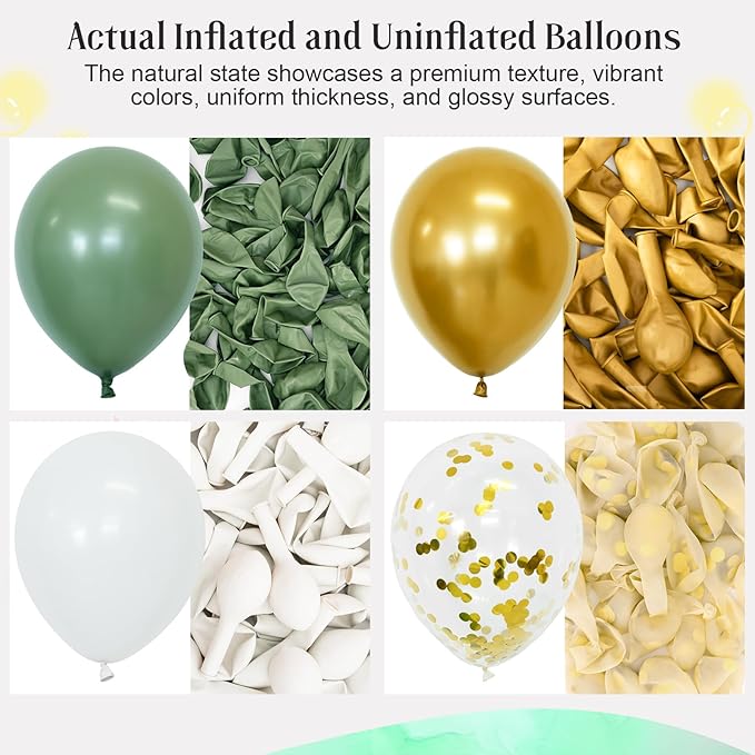Sage Green Balloons, 60pcs 12inch Sage Green White Metallic Gold Confetti Balloons for Boho Birthday Baby Shower Bridal Shower Wedding Summer Party Decorations