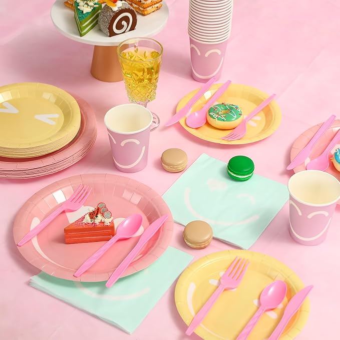 Dandat 175 Pcs Pastel Birthday Plates and Napkins Preppy Party Decorations Macaron Smile Happy Birthday Banner Supplies Serves 24 Guests Tableware Paper Plates Napkins Cups Tablecloths(Bright)