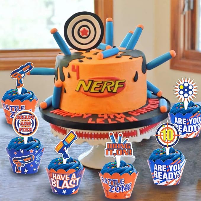 Dart War Party Cupcake Toppers Wrappers Kids Birthday Gun Picks Target Bullet Dart War Party Supplies Decoration -48 Piece