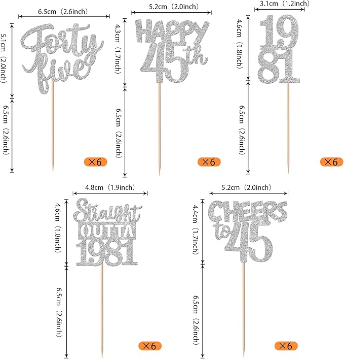 30 PCS 45th Birthday Cupcake Toppers Glitter Forty Five Happy 45 Straight Outta 1981 Cupcake Picks for Cheers to 45 Fabulous 45th Birthday Anniversary Party Cake Decorations Supplier Silver
