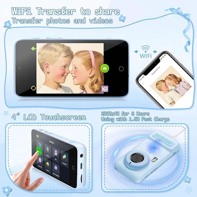 AI Everything Recognition Kids Camera for 4-12 Years Old Girls Boys, Supports 5G/2.4G Dual-Band Wi-Fi,4" LCD Touch Screen,Dual Lenes Selfie Digital Camera,Gift Ideas for Birthday Christmas Festival