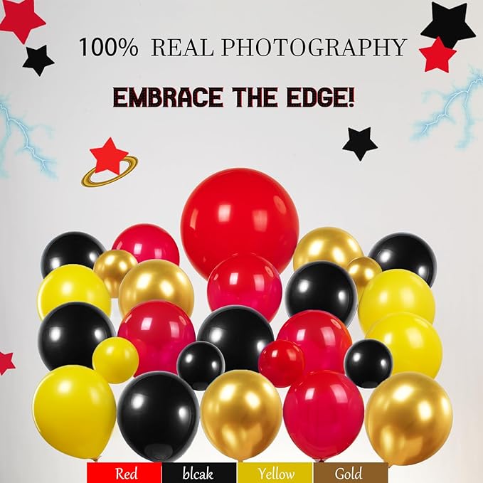 Red Black Yellow Balloon Garland Arch Kit - with Gold lightning Star foil balloons for kids cartoon Super Hero birthday Hedgehog fast go Carnival Circus Themed party decorations (Red Black Yellow)