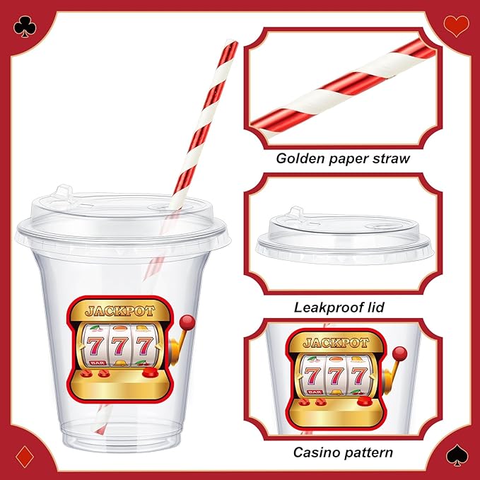 Boao 36 Sets Casino Party Cups with Lids and Paper Straws 14 oz Poker Birthday Party Supplies Favors Decorations Disposable Clear Plastic Cups for Casino Theme Birthday Wedding Decorations