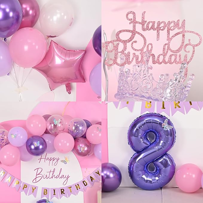 8th Birthday Decorations for Girl,Pink Purple 8th Butterfly Decoration Birthday Balloons Pink Purple Banner Number 8 Balloons Cake Topper Butterfly Party Supplies for Girls