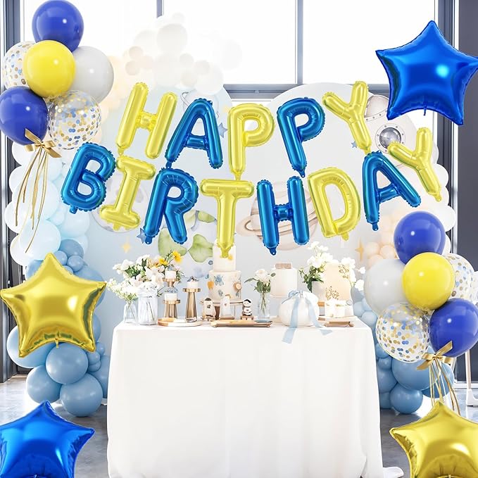 29PC Blue Yellow Happy Birthday Balloon Banner, 16 Inch 3D Aluminum Letter Banner Sign, Blue Yellow Confetti Balloon 18 Inch Star Foil Balloon for Women, Men Birthday Party Decorations