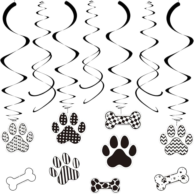 Dog BirthdayHanging Swirl Set Party Decorations, 48 Pcs, Dog Paw Bones Party Supplies Sign,White Black Grid