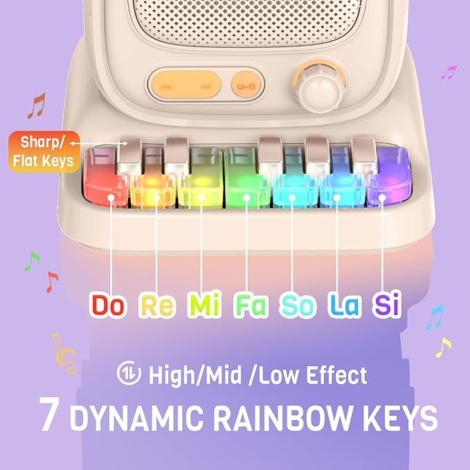 Mini Karaoke Machine with Colorful 7 Piano Keys,Top Christmas Birthday Gifts for 3 4 5 6 7 8 9 10 11 12+ Years Old, Portable Bluetooth Speaker with Wireless Microphone,Boys and Girls Gift-Beige