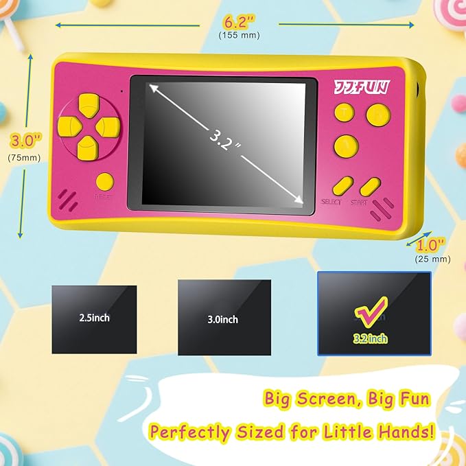 JJFUN Portable Game Console for Kids – 3.2" Screen, 168 Built-in Classic Games, Plug & Play on TV, Rechargeable, Ideal Gift for Boys & Girls, Great for Travel, Holidays & Birthdays
