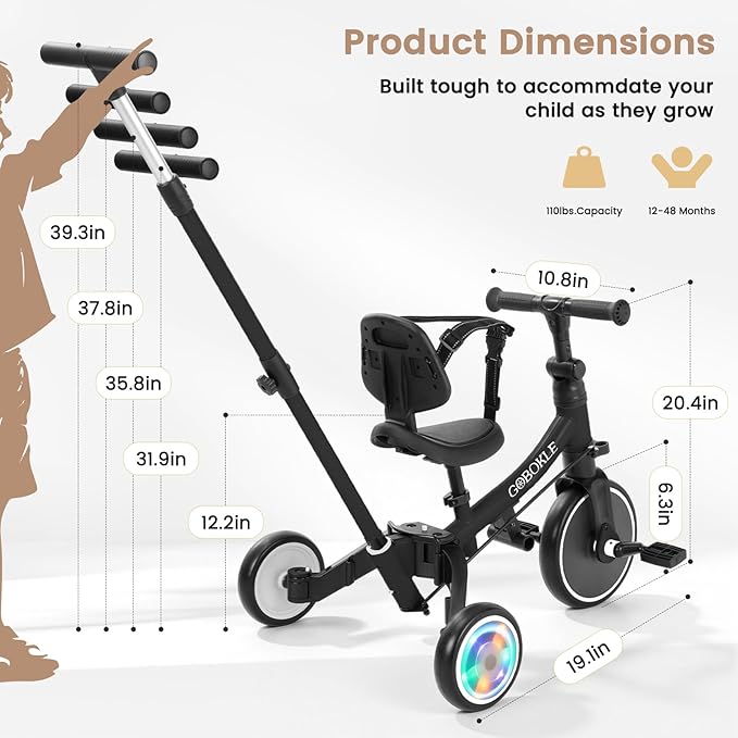 5-in-1 Tricycle for Toddlers 1-3, Convertible Toddler Bike with Push Handle & Removable Pedals, Balance Bike with Colorful Lighting Wheels, Adjustable Seat Height with Backrest (Black)