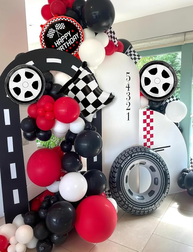 Race Car Balloon Arch Garland Kit, 103 Pcs Red Black Silver Balloons with Foil Checkered Flags and Wheels Balloons, for Racing Themed Birthday Party Supplies for Boys