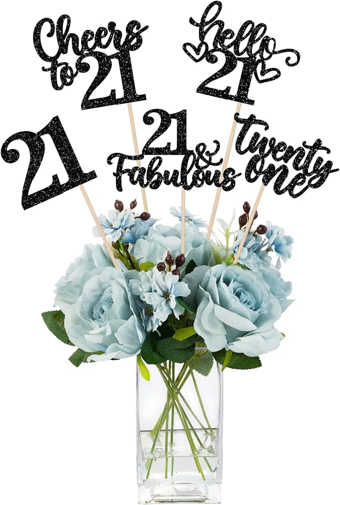 15PCS Happy 21st Birthday Centerpiece Sticks Hello 21 Cheers to 21 Birthday Table Flower Centerpieces Sticks Twenty One 21 Floral Decorations for Happy 21st Birthday Party Centerpieces Supplies Black