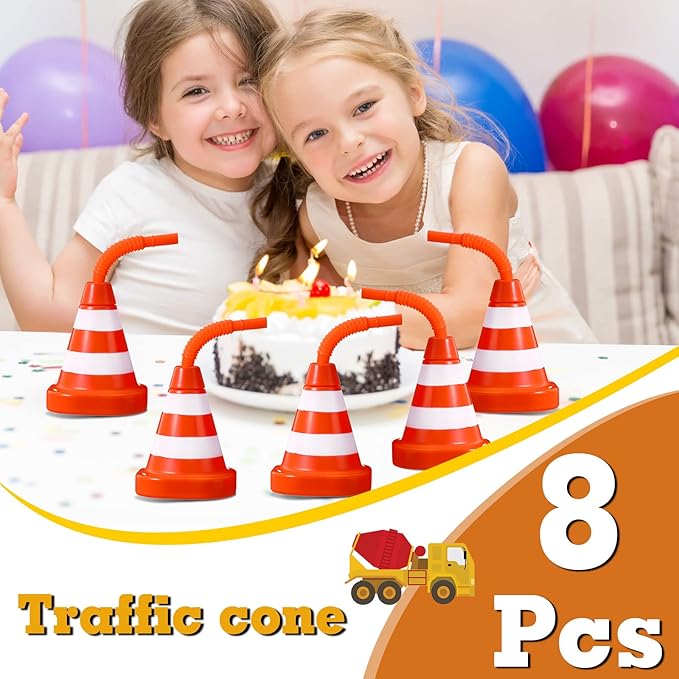 Sawysine 8 Pack Construction Cone Cups with Straws Bulk, Traffic Cones Party Favor 10 oz Plastic Reusable Kids Race Cups Set for Construction Traffic Theme Racing Car Birthday Party Supplies