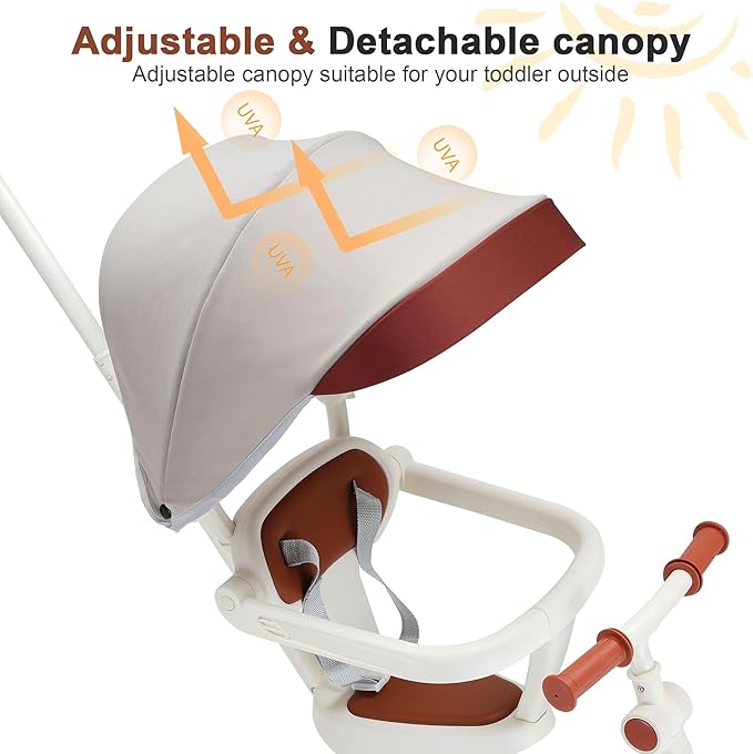 7-in-1 Foldable Baby Tricycle with Removable Canopy – Adjustable Parent Handle, Safety Harness & Wheel Brakes for Toddlers 1-5 Years Old, Balance Bike & Push Trike Gift for Boys & Girls, White